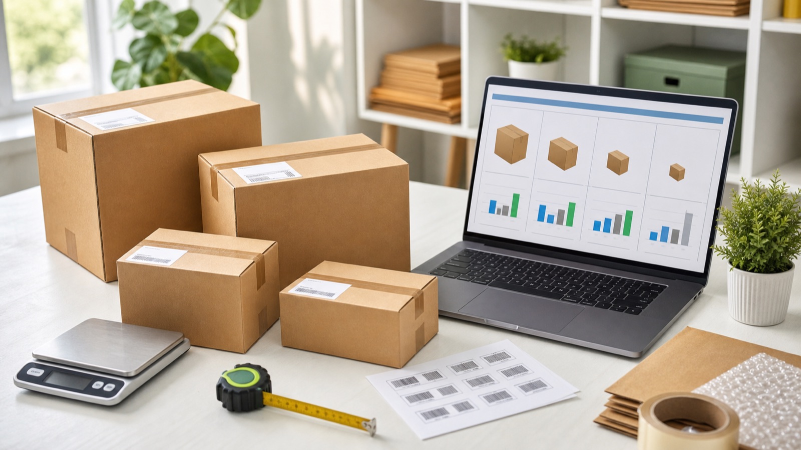 Ecommerce boxes, scale, measuring tape, and a laptop comparing package sizes.